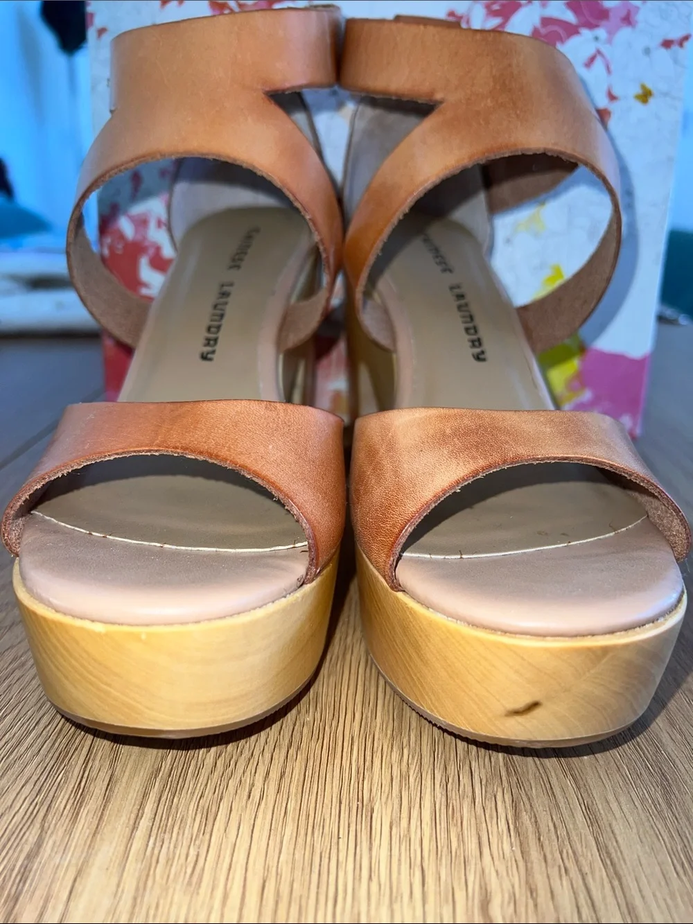 Chinese Laundry Tan Leather Platform Sandal with Wood-Look Heel